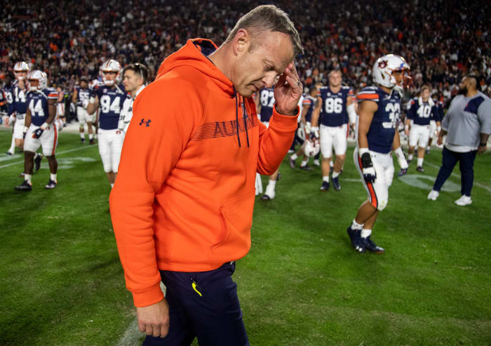 Auburn Tigers head coach Bryan Harsin reacts after the game during the Iron Bowl at Jordan-Hare Stadium in Auburn, Ala., on Saturday, Nov. 27, 2021. Alabama Crimson Tide defeated Auburn Tigers 24-22 in 4OT.